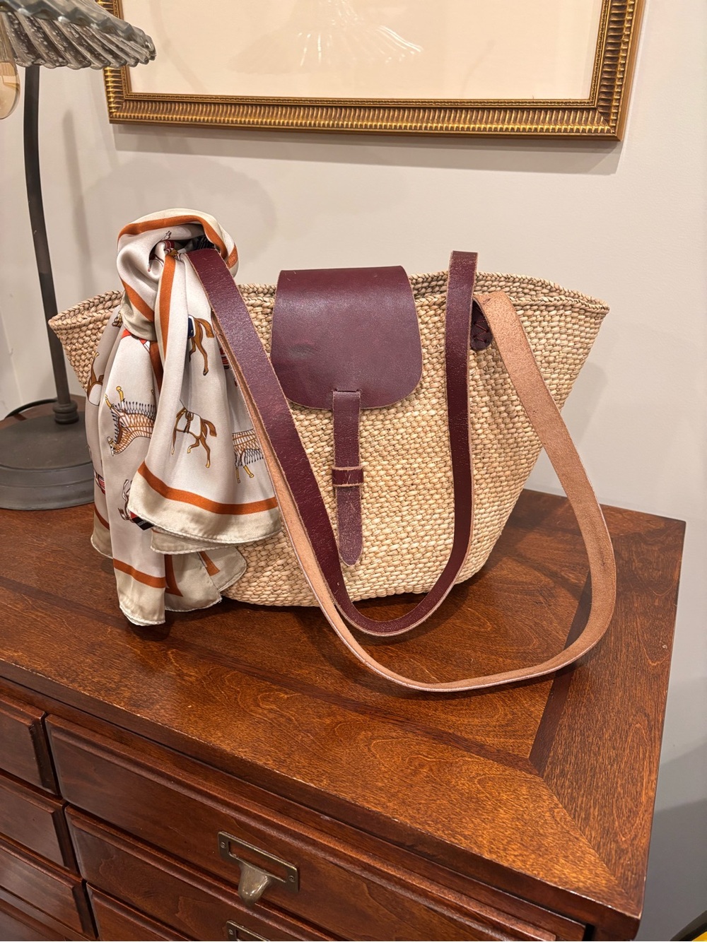 Straw Tote Bag with Brown Leather Trim